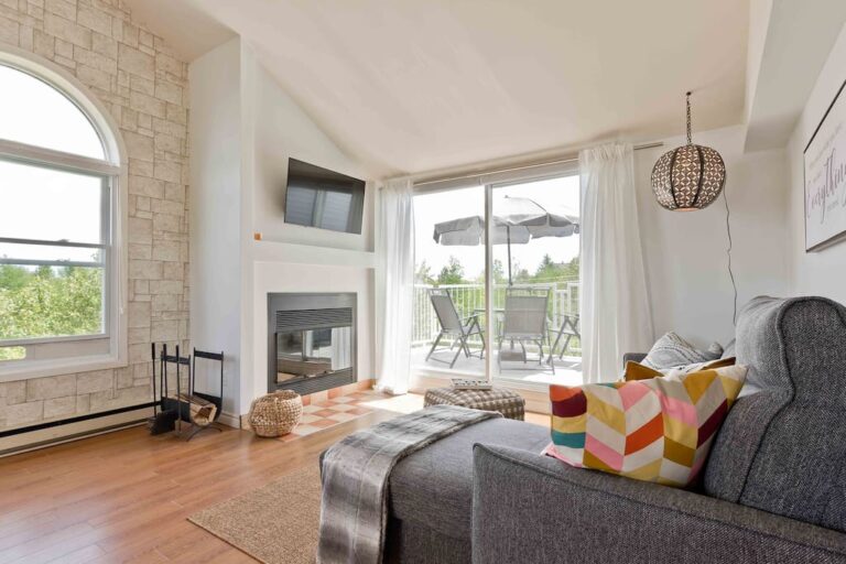 Living room and wood fireplace
