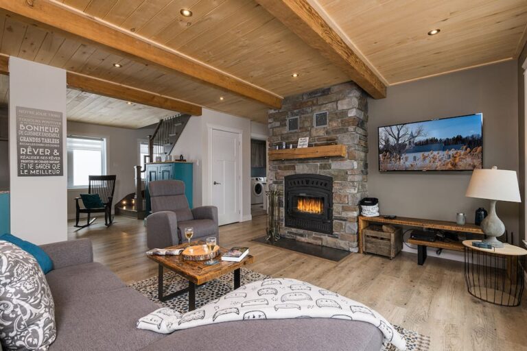 Living room with wood fireplace
