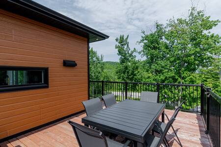 Patio avec table à manger extérieure